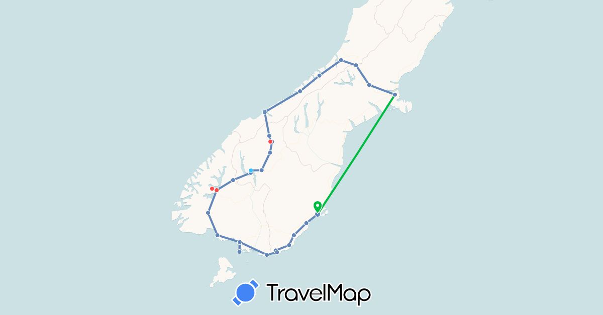 TravelMap itinerary: driving, bus, cycling, hiking, boat in New Zealand (Oceania)